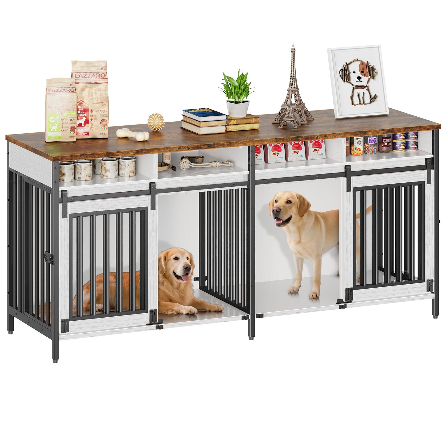 Biemlerfn 78.74'' Double Dog Crate Furniture with Removable Divider and 4 Compartments(White）