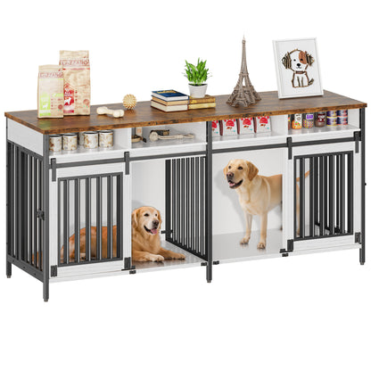 Biemlerfn 78.74'' Double Dog Crate Furniture with Removable Divider and 4 Compartments(White）