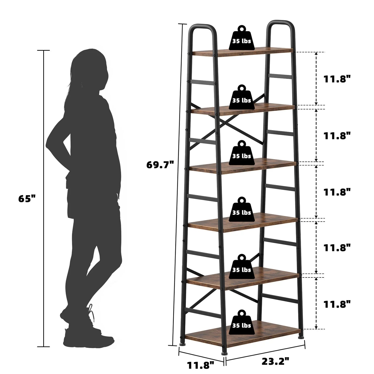 Biemlerfn 6 Tier Book Shelf, Ladder Bookcase with 2 Removable Drawers
