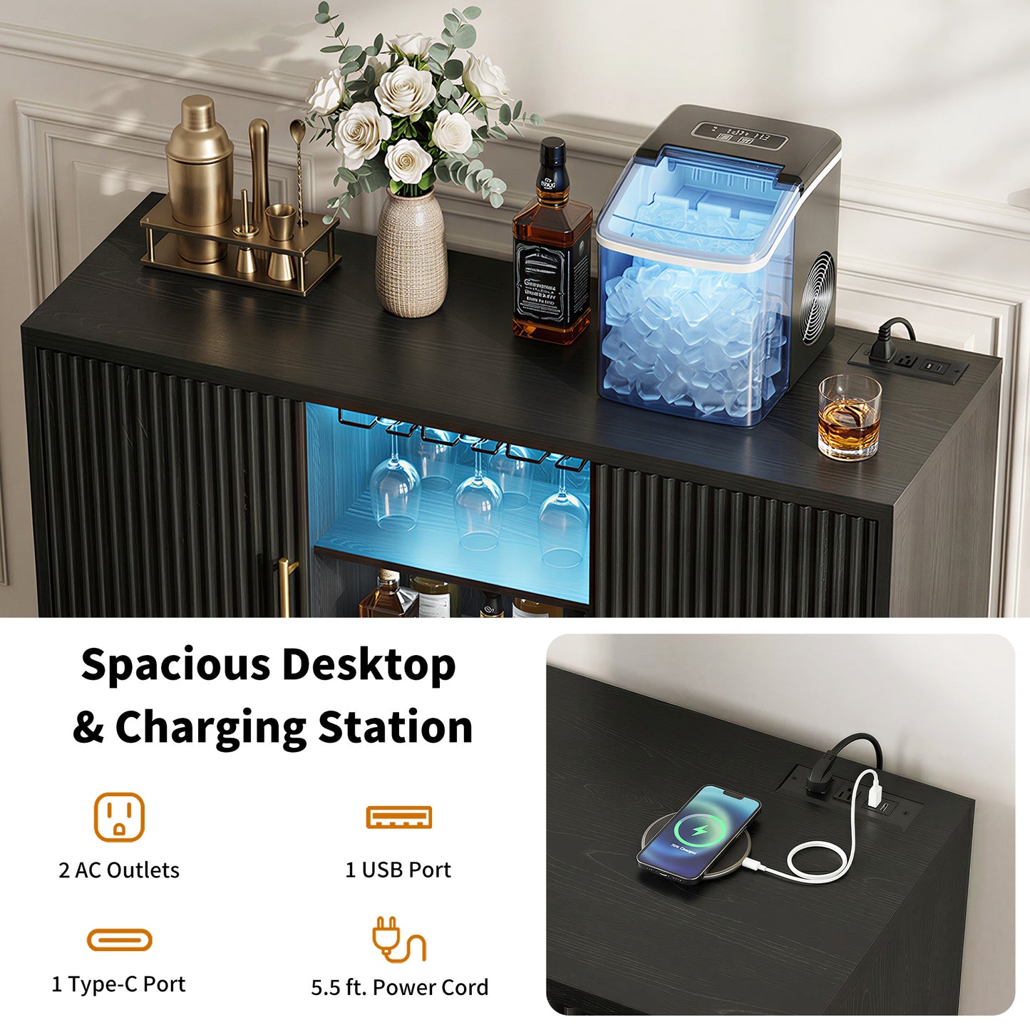 Biemlerfn RGB Wine Bar Cabinet with Built-in Charging Station, Modern Coffee Bar Cabinet with Wine Rack and Glass Holder, Fluted Liquor Cabinet with Storage for Home