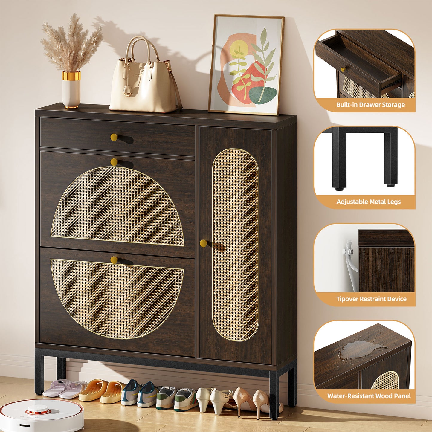 Biemlerfn Shoe Cabinet Storage with 2 Flip Drawers, Free Standing Wooden Shoe Storage Organizer Cabinet with Rattan Doors for Entryway