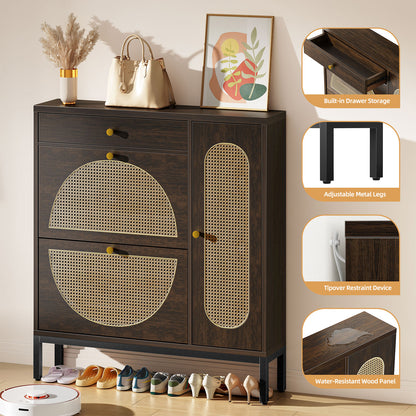 Biemlerfn Shoe Cabinet Storage with 2 Flip Drawers, Free Standing Wooden Shoe Storage Organizer Cabinet with Rattan Doors for Entryway