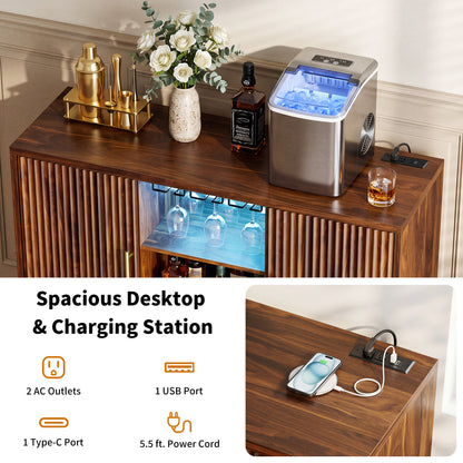Biemlerfn RGB Wine Bar Cabinet with Built-in Charging Station, Modern Coffee Bar Cabinet with Wine Rack and Glass Holder, Fluted Liquor Cabinet with Storage for Home