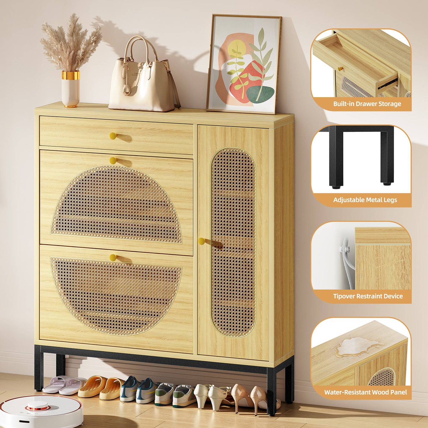 Biemlerfn Shoe Cabinet Storage with 2 Flip Drawers, Free Standing Wooden Shoe Storage Organizer Cabinet with Rattan Doors for Entryway