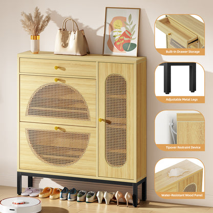 Biemlerfn Shoe Cabinet Storage with 2 Flip Drawers, Free Standing Wooden Shoe Storage Organizer Cabinet with Rattan Doors for Entryway