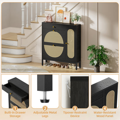 Biemlerfn Shoe Cabinet Storage with 2 Flip Drawers, Free Standing Wooden Shoe Storage Organizer Cabinet with Rattan Doors for Entryway