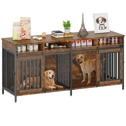Biemlerfn 78.74'' Double Dog Crate Furniture with Removable Divider and 4 Compartments(Brown)