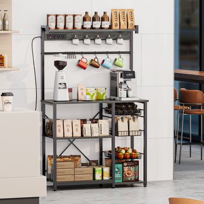 Biemlerfn 39.8" Wide Large Bakers Rack with Power Outlets, 5 Tiers Coffee Bar Table with 3 Wire Basket（Oak Gray）