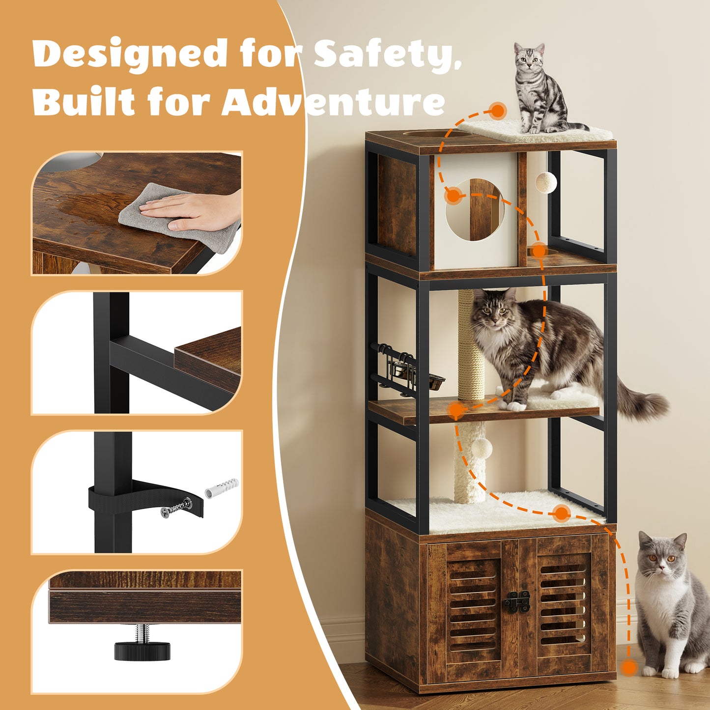 Biemlerfn 58.27" Cat Tree with Litter Box Enclosure, Multi-Level Cat Tower with Elevated Perch & Feeding Station, Scratching Post, Anti-Tip Design for Indoor Cats