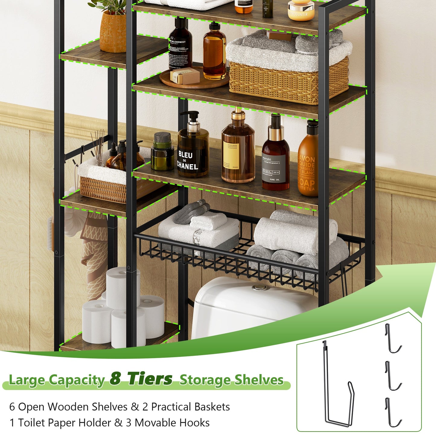 Biemlerfn Over The Toilet Storage Shelf, 8-Tier Wooden Bathroom Organizer, Adjustable