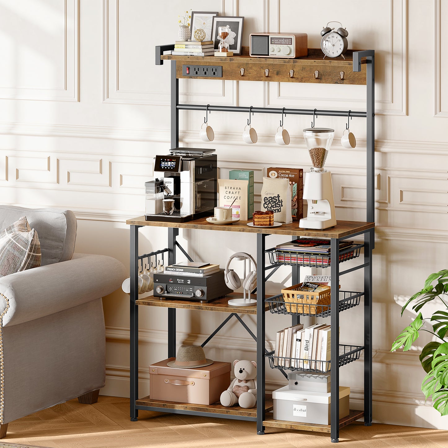 Biemlerfn 39.8" Wide Large Bakers Rack with Power Outlets, 5 Tiers Coffee Bar Table with 3 Wire Basket（Rustic Brown）