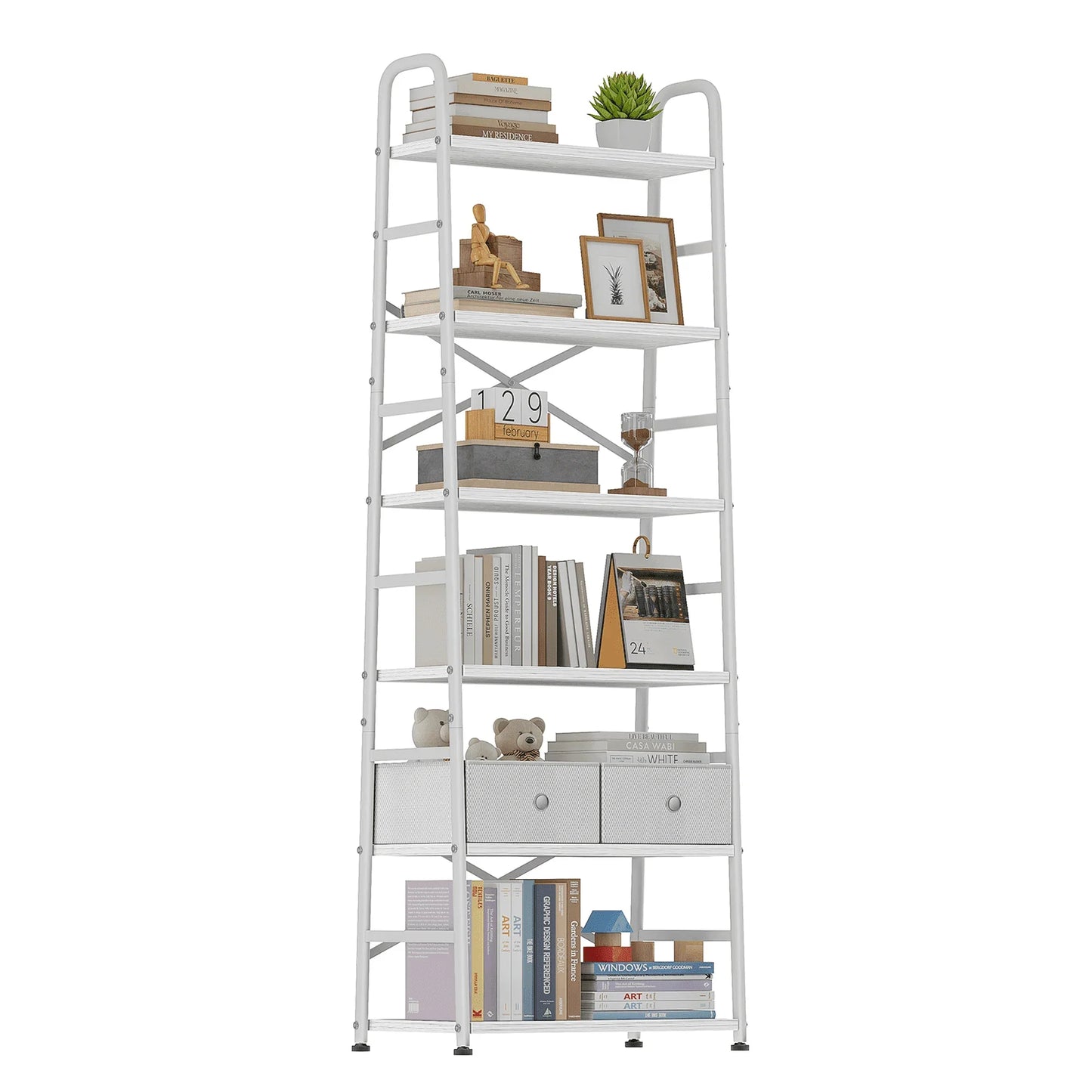 Biemlerfn 6 Tier Book Shelf, Ladder Bookcase with 2 Removable Drawers