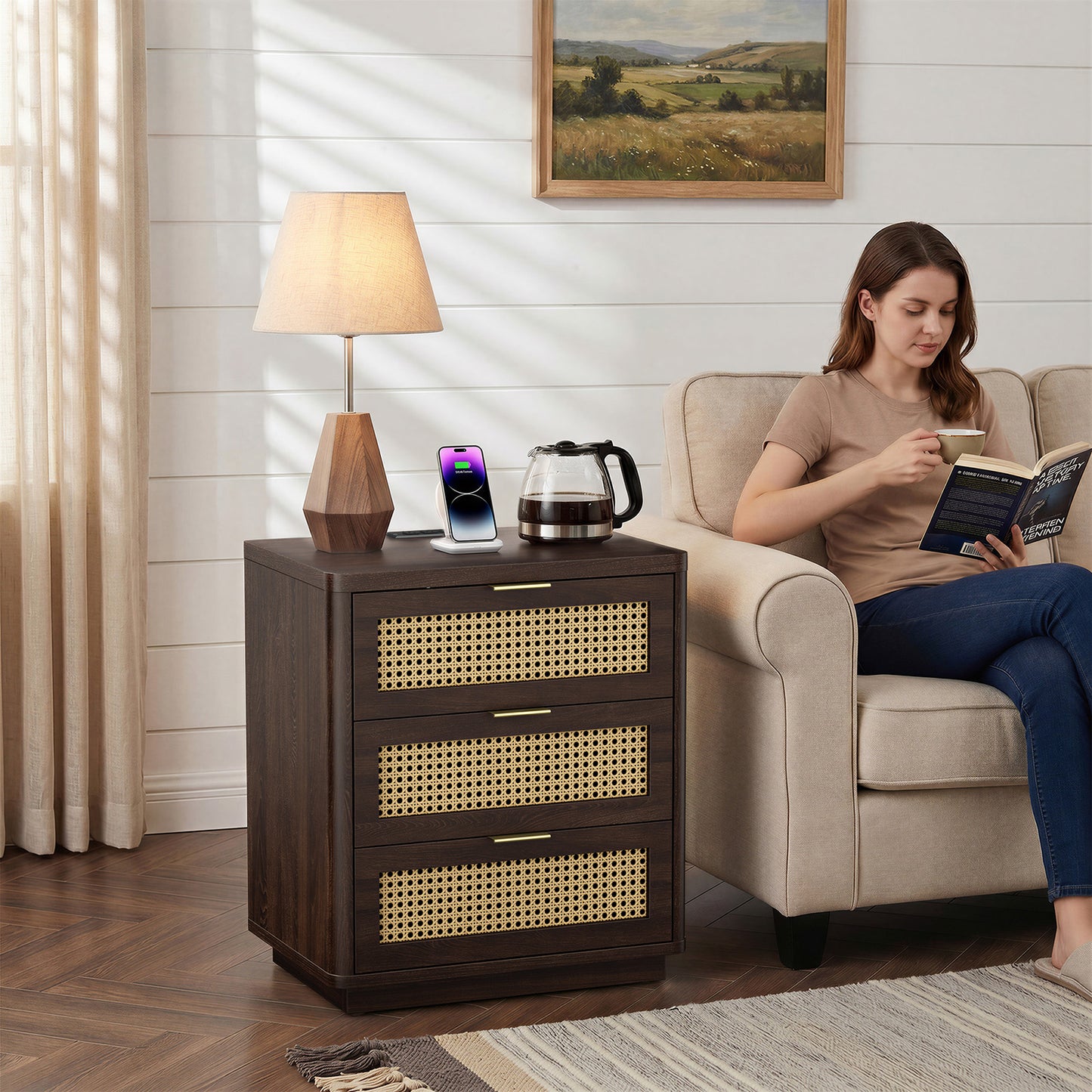 Biemlerfn Night Stand with Charging Station, 3 Drawers Bedside Table, Rattan End Table, Wood Dresser Organizer for Bedroom, Living Room