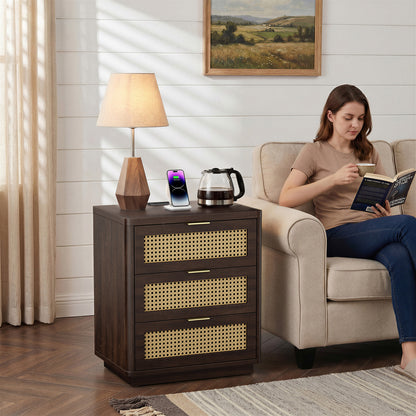 Biemlerfn Night Stand with Charging Station, 3 Drawers Bedside Table, Rattan End Table, Wood Dresser Organizer for Bedroom, Living Room