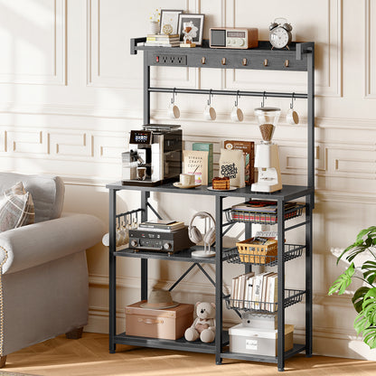 Biemlerfn 39.8" Wide Large Bakers Rack with Power Outlets, 5 Tiers Coffee Bar Table with 3 Wire Basket（Oak Gray）