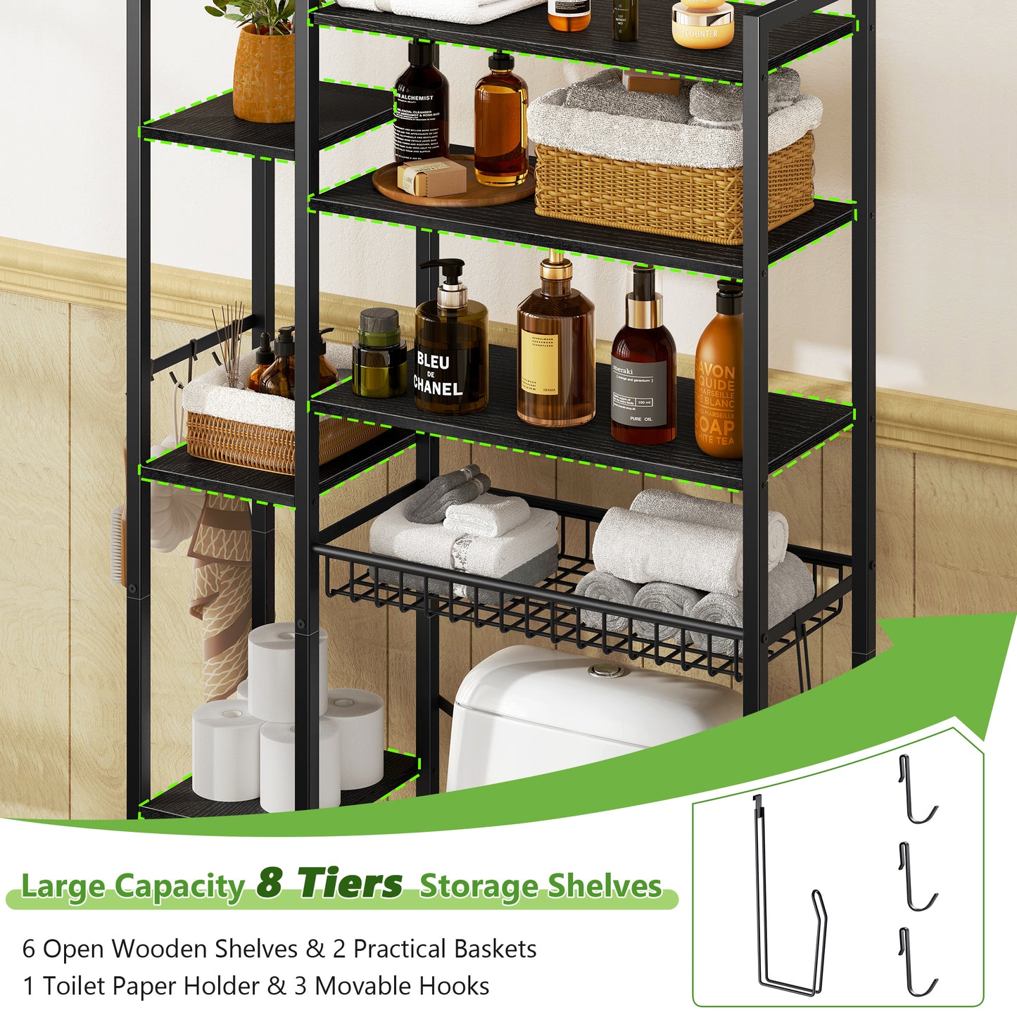 Biemlerfn Over The Toilet Storage Shelf, 8-Tier Wooden Bathroom Organizer Adjustable Saver Space Rack with Toilet Paper Holder