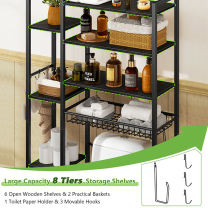 Biemlerfn Over The Toilet Storage Shelf, 8-Tier Wooden Bathroom Organizer Adjustable Saver Space Rack with Toilet Paper Holder