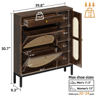 Biemlerfn Shoe Cabinet Storage with 2 Flip Drawers, Free Standing Wooden Shoe Storage Organizer Cabinet with Rattan Doors for Entryway