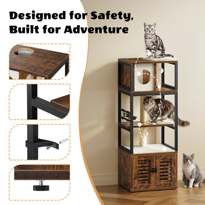 Biemlerfn 58.27" Cat Tree with Litter Box Enclosure, Multi-Level Cat Tower with Elevated Perch & Feeding Station, Scratching Post, Anti-Tip Design for Indoor Cats