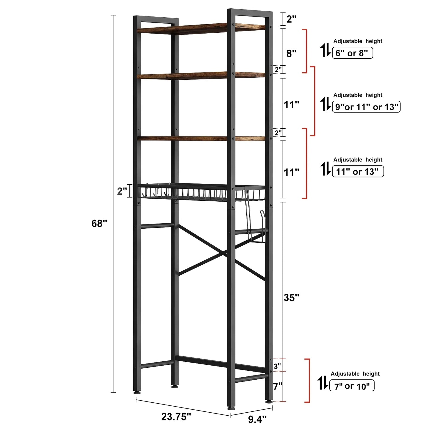 Biemlerfn Over The Toilet Storage Shelf, 4-Tier Wooden Bathroom Organizer Adjustable Saver Space Rack with Toilet Paper Holder