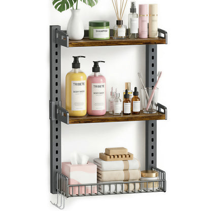 Biemlerfn 3 Tier Bathroom Shelves Over Toilet - Wall Mounted Floating Shelves with Drain Basket, Vintage Brown, Height Adjustable Over The Toilet Storage,,