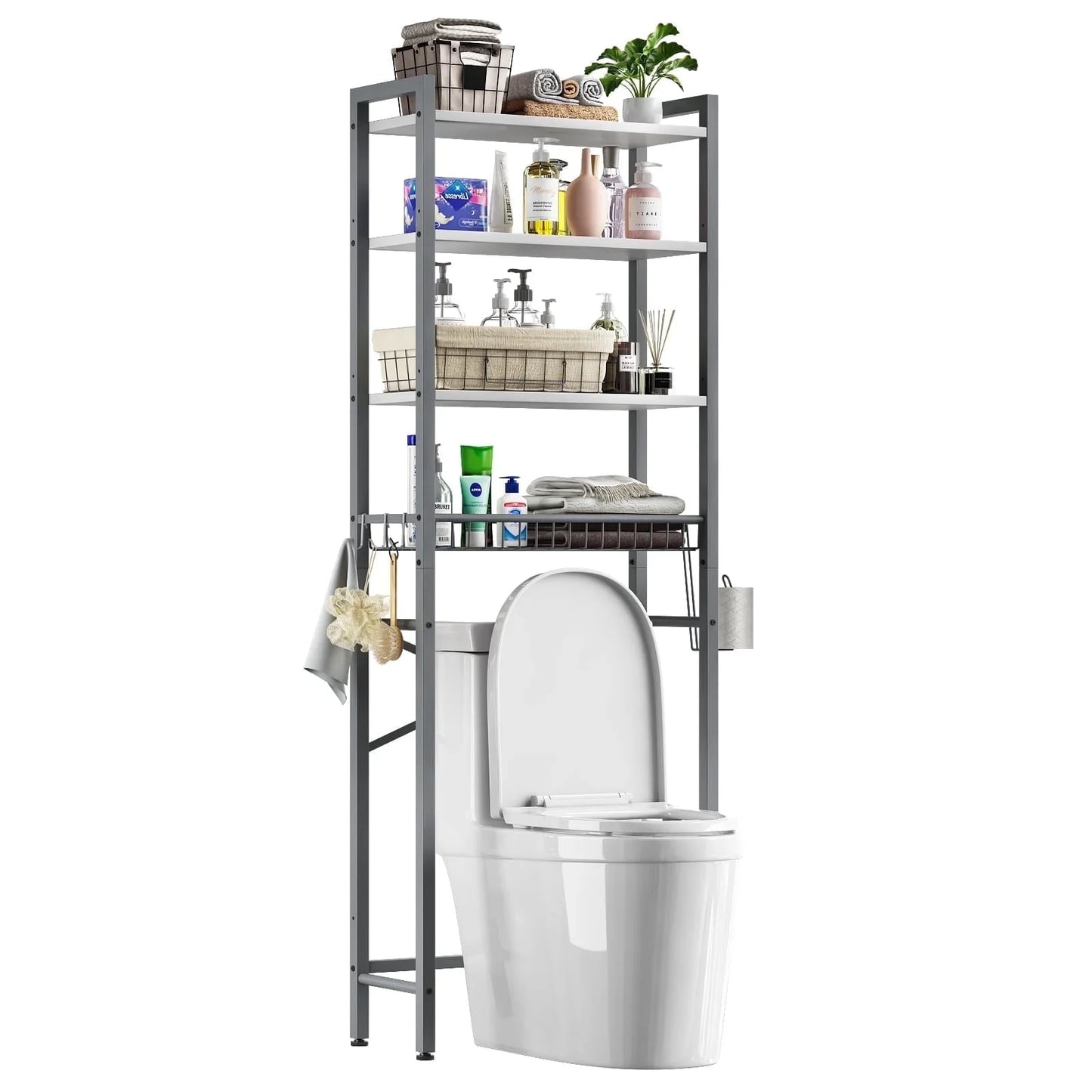 Biemlerfn Over The Toilet Storage Shelf, 4-Tier Wooden Bathroom Organizer Adjustable Saver Space Rack with Toilet Paper Holder