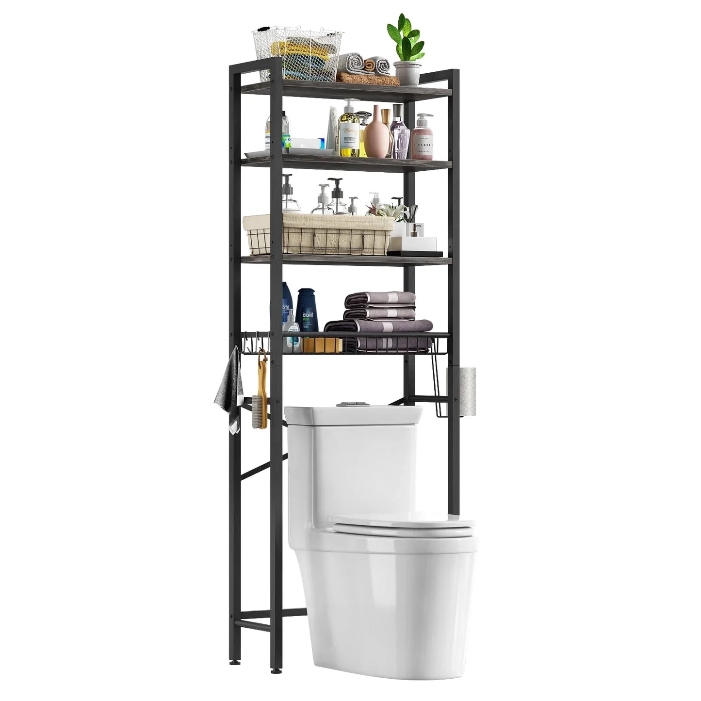 Biemlerfn Over The Toilet Storage Shelf, 4-Tier Wooden Bathroom Organizer Adjustable Saver Space Rack with Toilet Paper Holder