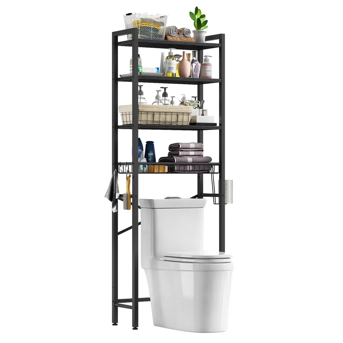 Biemlerfn Over The Toilet Storage Shelf, 4-Tier Wooden Bathroom Organizer Adjustable Saver Space Rack with Toilet Paper Holder